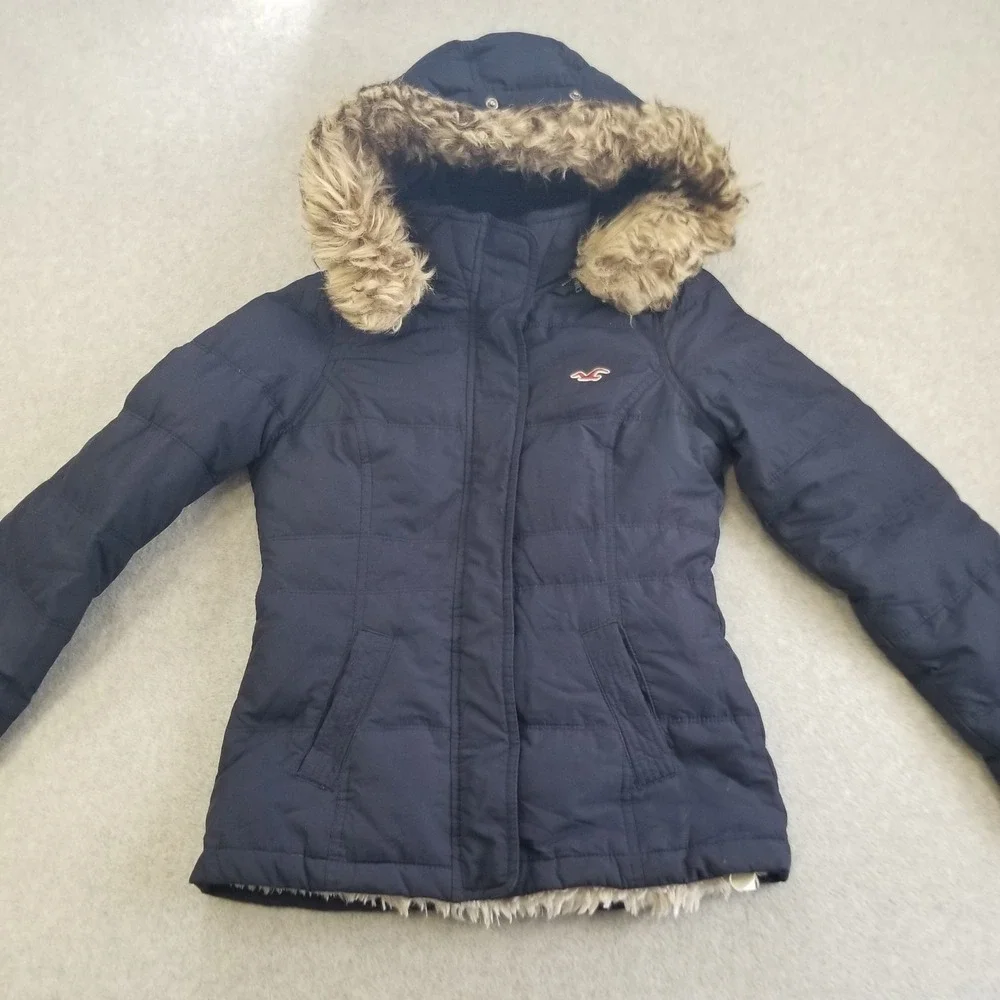 Y2K Hollister Jacket Womens Small Blue Faux Fur Hooded Down Coat Vintage Sherpa‎